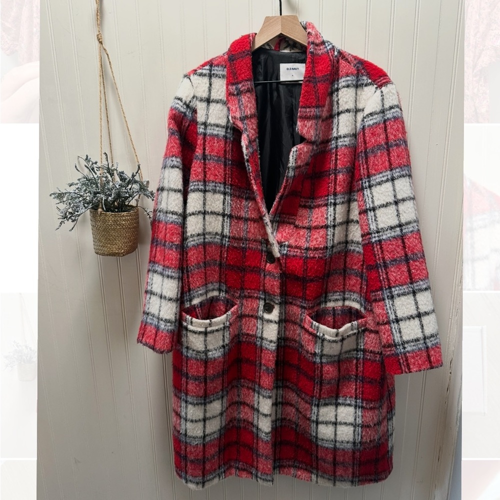 Old Navy Red and White Plaid Teddy Jacket